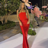 Cinessd Strapless Fishbone Gown Dress Sexy Slim Fit Long Fishtail Dresses Solid Color Pleated Waist Cinching Satin Socialite Gloss Robes ootd outfit idea