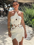 Cinessd Hollowed-Out Hook Flower Beach Dresses Sexy White Knitted Backless Halter Hanging Neck Petaling Strapless Women Short Slip Dress ootd outfit idea