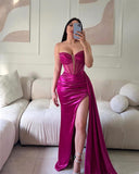 Cinessd Elegant Beading On Chest Evening Dress Sexy Side Split Customized Party Dress 2025 Fuchsia Sequins