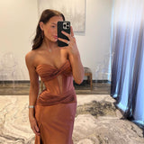 Cinessd Brown Off Shoulder Prom Dresses Heart Shaped Neck Evening Dress Customized Long Train Mermaid Party vestidos de fiesta