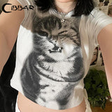 Cinessd Harajuku Animal Print Crop Top Basic White Short Sleeve Crewneck T-shirt Women Casual Slim-fitting Tees Lady y2k Vintage ootd