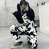 Cinessd Party Outfit Street Hip-hop Harajuku Girl Cow Print Oneies for Women Black White Plaid Overalls Casual Jumpsuit Trousers Baggy Pants