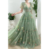 Cinessd Customized Green Flowers Embroidery Short Sleeves Prom Dresses Mesh Fabric vestidos de noche Floor-Length Formal Evening