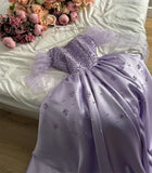 Cinessd Lavender Satin Off the Shouler vestidos de fiesta Lace Embroidery A-line ?????? ???? Elegant Floor-length Party Dresses