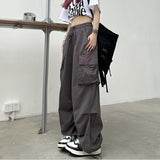 Cinessd Party Outfit Women Casual Baggy Cargo Pants Solid Low Waist Joggers Tech Pants Drawstring Wide Leg Baggy Trousers Y2K Streetwear Sweatpants