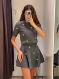 Cinessd Jeweled Knitted Sweater Top Mini Skirt Set Studded Flower Gray Crew Neck Women Short Sleeve Knitwear Half Skirts Fall Winter New ootd outfit idea