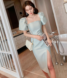 Cinessd - Prom Dresses Puff Sleeves Square Neck Midi Dresses