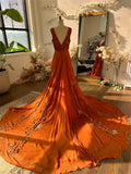 Cinessd BOHO Orange Chiffon Elegant Party Sleeveless V-neck Long Train Evening Dress Floor-Length Flowers vestidos de fiestas