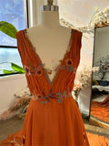 Cinessd BOHO Orange Chiffon Elegant Party Sleeveless V-neck Long Train Evening Dress Floor-Length Flowers vestidos de fiestas