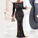 Cinessd Sequins Off Shoulder Feather Design Floor-Length Evening Dress