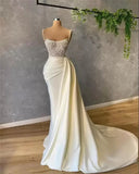 Cinessd Handmade Beading Mermaid Prom Dress Luxurious Ivory Satin Fishtail Vestidos De Fiesta Spaghetti Strap