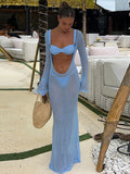 Cinessd Fashion hollow out Backless Knitted Maxi Dress For Women Long Sleeve See Through Beach Bikini Cover Female Elegant Vacation Robe
