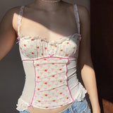 Cinessd New Spring/Summer Color Contrast Sweet and Spicy Girl Cherry Printed Mesh Sling Top ootd