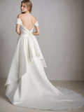 Cinessd A Line/Princess Off-the-shoulder Short Sleeve Asymmetrical Elegant Wedding Dresses