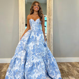 Cinessd Customized Blue Flowers Sleeveless Strapless robes de soir¨¦e A-line Party Dresses Floor-Length Pleats Prom Dress 2025