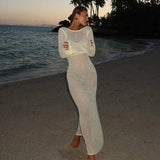 Cinessd Fashion hollow out Backless Knitted Maxi Dress For Women Long Sleeve See Through Beach Bikini Cover Female Elegant Vacation Robe