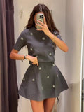 Cinessd Jeweled Knitted Sweater Top Mini Skirt Set Studded Flower Gray Crew Neck Women Short Sleeve Knitwear Half Skirts Fall Winter New ootd outfit idea