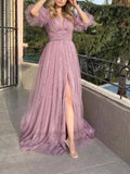 Cinessd - New Style Sexy Lace Purple Mesh Half Sleeved Prom Dresses