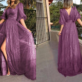 Cinessd - New Style Sexy Lace Purple Mesh Half Sleeved Prom Dresses