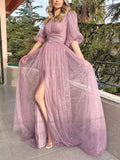 Cinessd - New Style Sexy Lace Purple Mesh Half Sleeved Prom Dresses