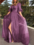 Cinessd - New Style Sexy Lace Purple Mesh Half Sleeved Prom Dresses