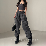 Cinessd Party Outfit American Workwear Pants Women Loose Solid Elastic High Waist Drawstring Pockets Versatile Trend Sports Casual Wide Leg Trousers