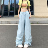 Cinessd Party Outfit Rimocy High Waist Summer Cargo Pants Women Streetwear Drawstring Thin Parachute Pants Woman Solid Color Wide Leg Y2k Trouses