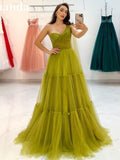 Cinessd Matcha Green A-line Prom Dress Exquisite One Shoulder Sexy Sleeveless Multilayer Vestidos De Noche