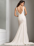 Cinessd Sheath/Column High Neck Sleeveless Floor Length Minimalist Elegant Wedding Dresses