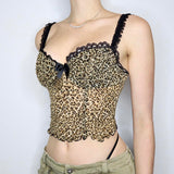 Cinessd Retro Leopard Print Camis Vintage 2000s Bow Stitched Sleeveless Lace Strap Crop Top Women Summer See Through Mesh Tee y2k ootd