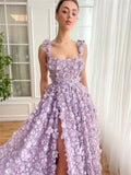 Cinessd Luxury Purple 3D Flowers Party Dresses Spaghetti Strap vestidos de fiesta Elegant Sleeveless Side Split  2025