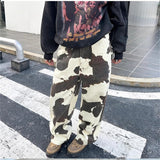 Cinessd Party Outfit Women's Cow Patterned Printed Casual Pants High Waisted Straight Vintage 90s Streetwear Female Casual Loose Tie Dye Trouser