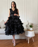 Cinessd Customized Jiayigong V-Neck Ball Gown Bubble Elegant Chiffon Evening  Prom Black A-Line Party Dresses for Women 2025