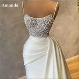 Cinessd Handmade Beading Mermaid Prom Dress Luxurious Ivory Satin Fishtail Vestidos De Fiesta Spaghetti Strap