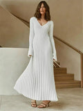 Cinessd Nye Ouyfit Autumn New V-Neck Knit Maxi Dress Women Ribbed Elegant Long Sleeve Streetwear High Waist Pleated Dresses Ladies Knitwear