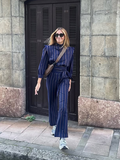 Cinessd Party Outfit Casual Striped Round Neck Long Sleeved Shirt Set Elegant Solid High Waist Wide Leg Pants Set 2025 New Lady Chic High Streetwear