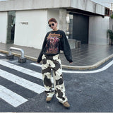 Cinessd Party Outfit Women's Cow Patterned Printed Casual Pants High Waisted Straight Vintage 90s Streetwear Female Casual Loose Tie Dye Trouser