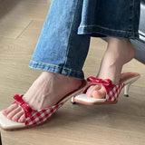 Cinessd Design Shoes Retro Plaid Bow Sandals Kitten Heels French Style Peep Toe Shoes Mixed Color Sweet and Cute Women's Vocation Shoes ootd outfit idea