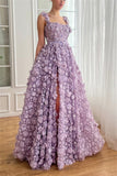 Cinessd Luxury Purple 3D Flowers Party Dresses Spaghetti Strap vestidos de fiesta Elegant Sleeveless Side Split  2025