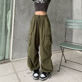 Cinessd Party Outfit Women Casual Baggy Cargo Pants Solid Low Waist Joggers Tech Pants Drawstring Wide Leg Baggy Trousers Y2K Streetwear Sweatpants