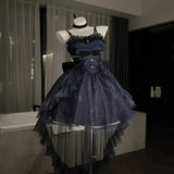 Cinessd Victorian Gothic Lolita Jsk Mini Dress Women Kawaii Ruffles Bow Suspender Princess Dresses Girl Sweet Fairy Party Trailing Dress