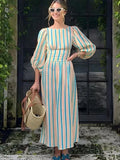 Cinessd Fashion Striped Print Backless Long Dress For Women Elegant O Neck Lantern Sleeve Midi Dresses 2024 Summer High Waist Beach Robe