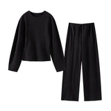 Cinessd Party Outfit Casual Solid Top Pants Women Set Fashion Long Sleeve O-neck Pleated Tops Wide Leg Trousers 2024 Autumn Vacation Lady Suit