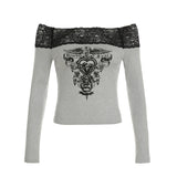 Cinessd Gothic Print Cropped Top Black Lace Stitched Off-shoulder Slash Neck T-shirt Women Casual Autumn Tees y2k Aesthetic Shirt ootd