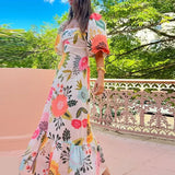 Cinessd party look inspos Women Elegant Printed Square Neck Maxi Dress Summer Fashion Short Lantern Sleeve A-line Dresses Female New Vacation Street Robes