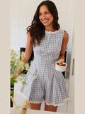 Cinessd Women O Neck Plaid Shirt Short Jumpsuit 2025 New Casual Street Sleeveless Lace Patchwork Shorts Suit Sweet Summer Chic Outfits