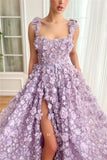 Cinessd Luxury Purple 3D Flowers Party Dresses Spaghetti Strap vestidos de fiesta Elegant Sleeveless Side Split  2025