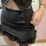 Cinessd Summer spicy girl new lace wave patchwork striped button short skirt ootd