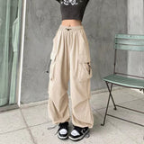 Cinessd Party Outfit Women Casual Baggy Cargo Pants Solid Low Waist Joggers Tech Pants Drawstring Wide Leg Baggy Trousers Y2K Streetwear Sweatpants