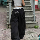 Cinessd Contrast Lace Stitching Wide Leg Pants Streetwear y2k Low Rise Loose Black Trousers for Women Korean Fashion Baggy Capris ootd